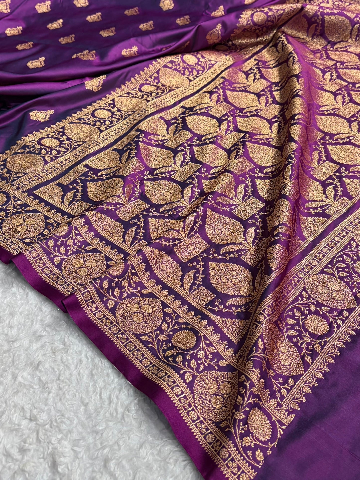 Royal Violet Banarasi Silk Saree with Grand Gold Zari Border & Paisley Buttas