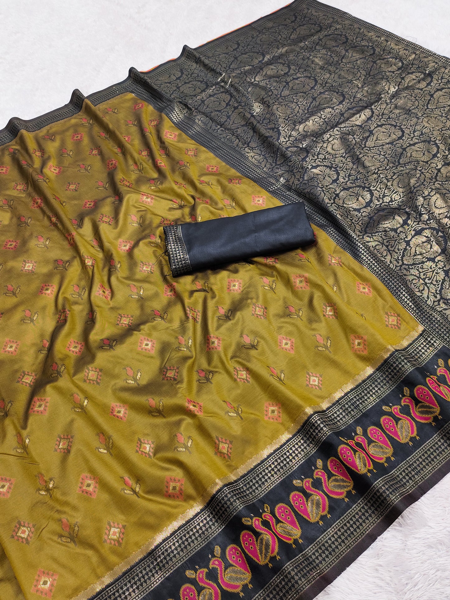 Olive Green Woven Silk Saree with Black Antique Zari Border & Rich Pallu