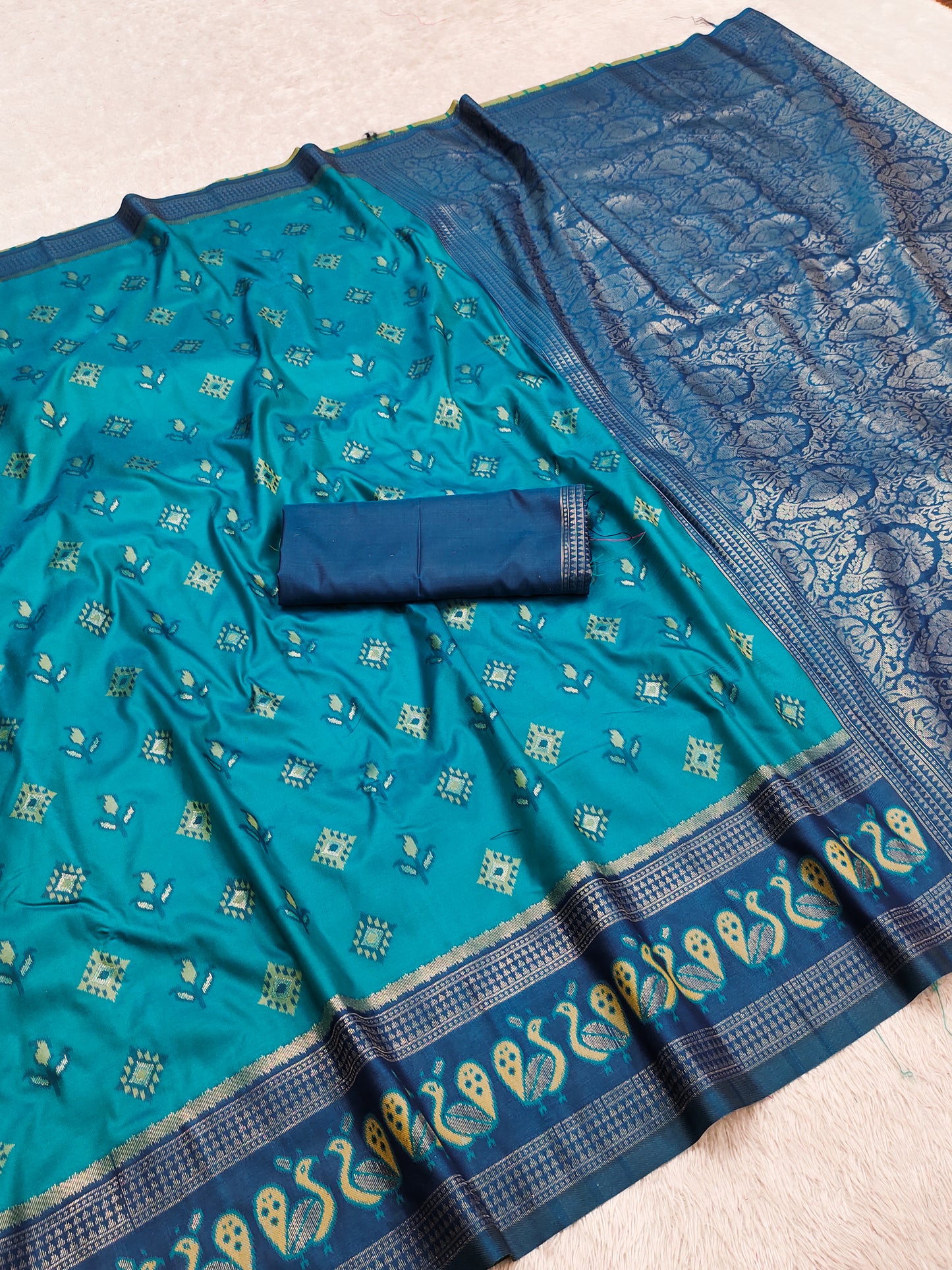 Teal Blue Woven Silk Saree with Navy Zari Peacock Border & Rich Brocade Pallu