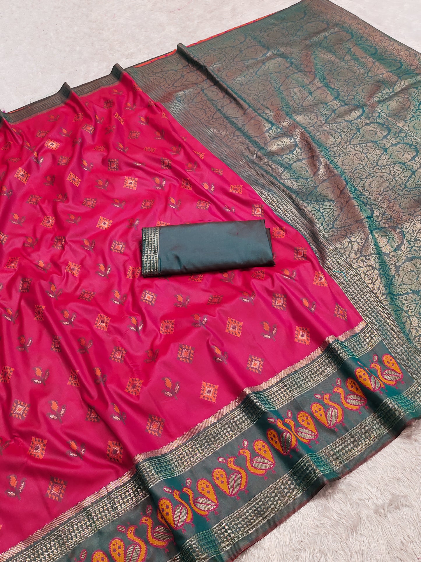 Rani Pink Woven Silk Saree with Bottle Green Peacock Zari Border and Rich Brocade Pallu
