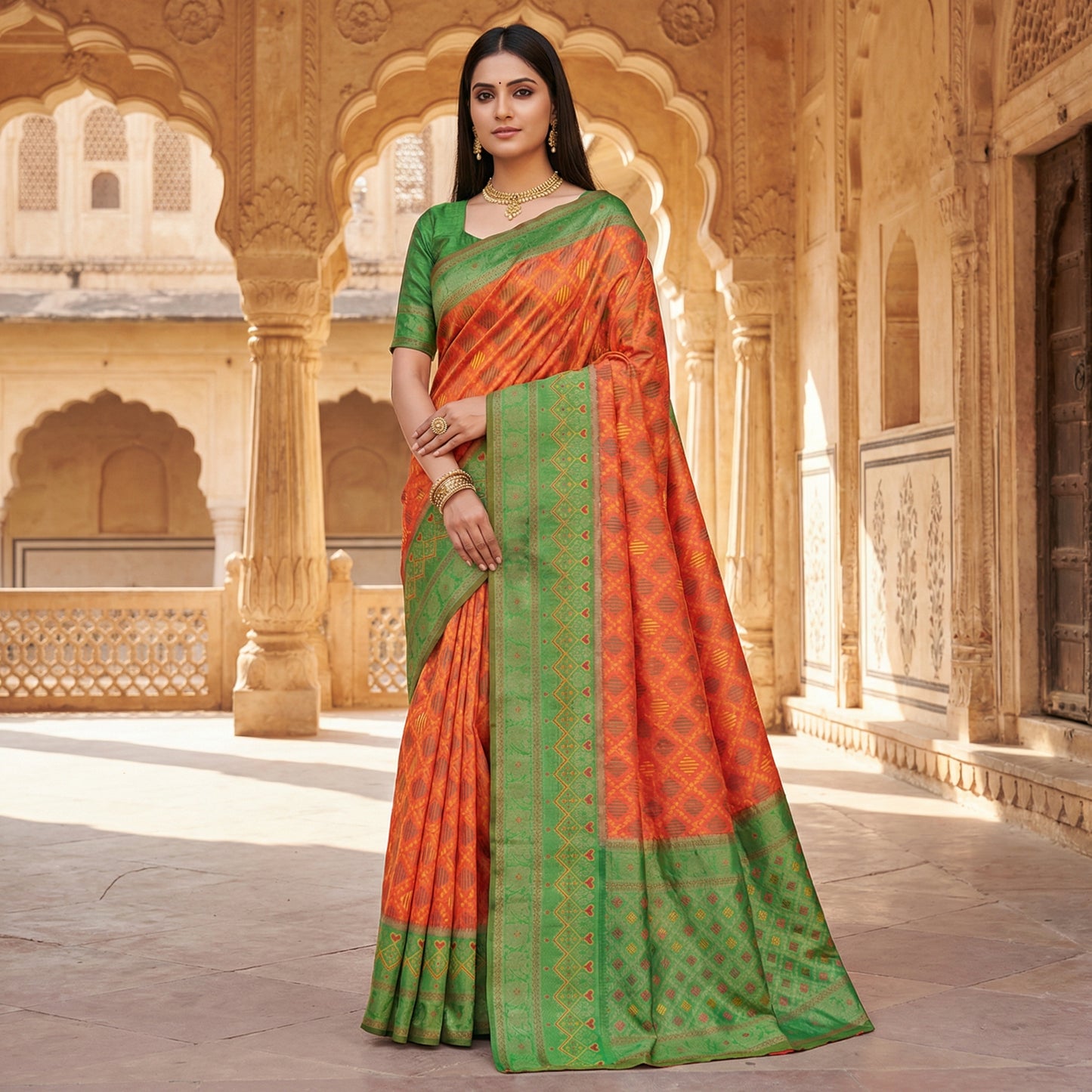 Burnt Orange Luxury Silk Saree with Leaf Green Banarasi Border & Multicolour Geometric Weave