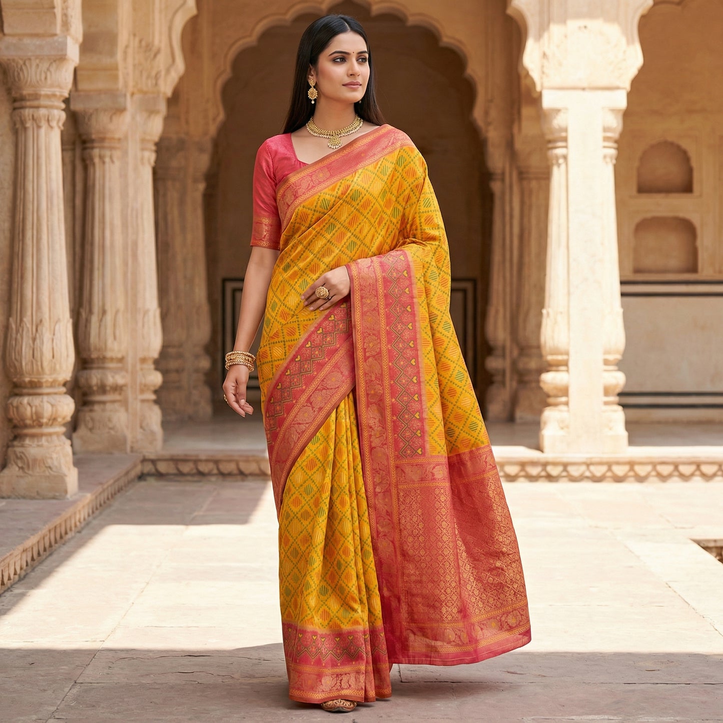 Mustard Yellow Luxury Silk Saree with Coral Pink Banarasi Border & Multicolour Geometric Weave