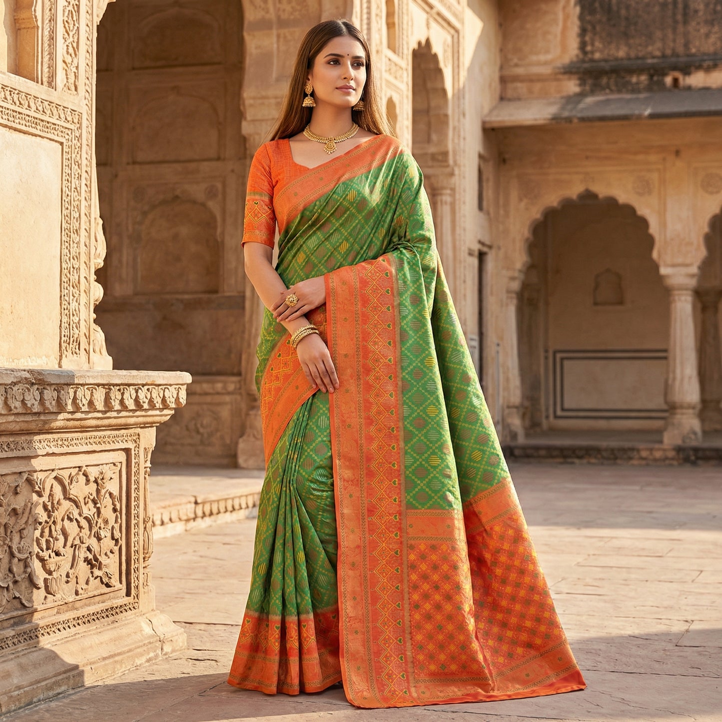 Parrot Green Luxury Silk Saree with Peach Orange Banarasi Border & Multicolour Geometric Weave