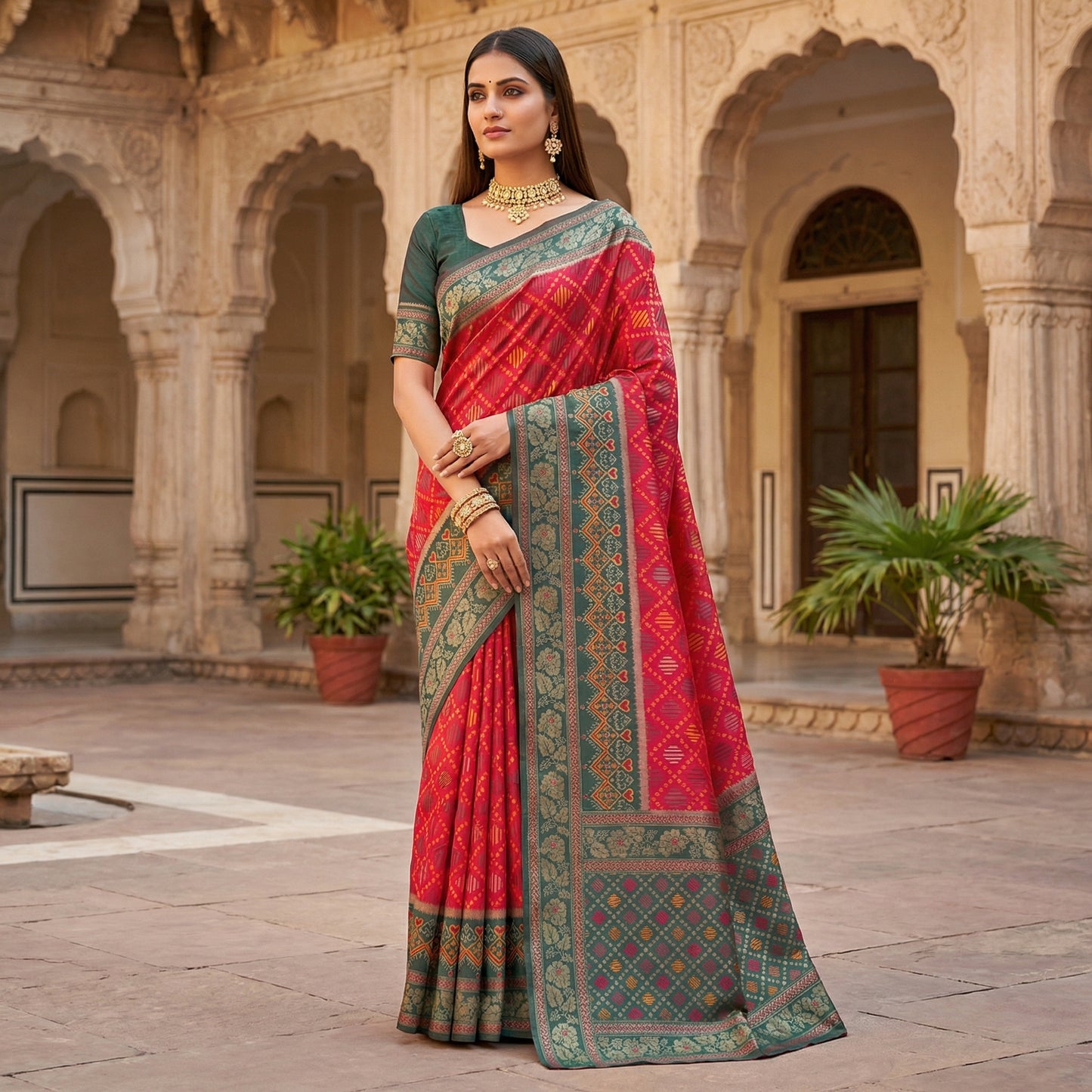 Rani Pink Luxury Silk Saree with Bottle Green Banarasi Border & Multicolour Geometric Weave
