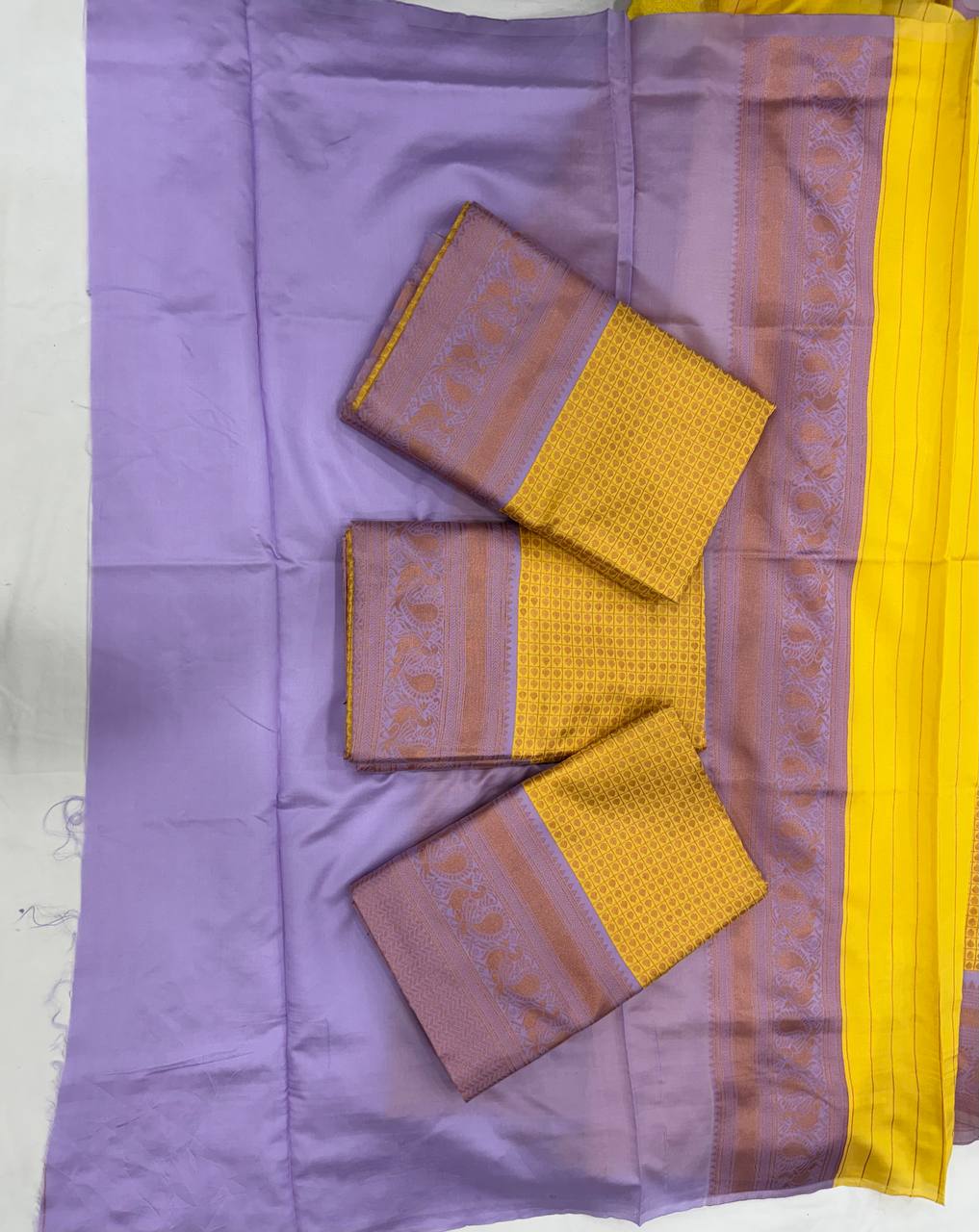 Mustard Yellow & Lavender Contrast Silk Saree with Elegant Zari Border
