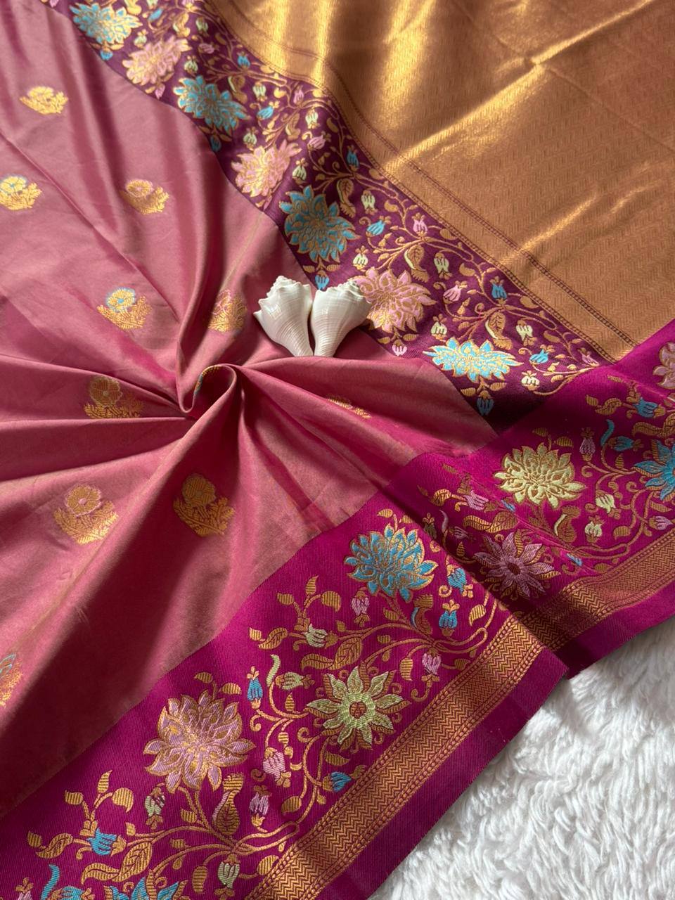 Rosewood Blush Premium Luxury Silk Saree with Antique Gold Butti Weave & Multicolour Floral Zari Border