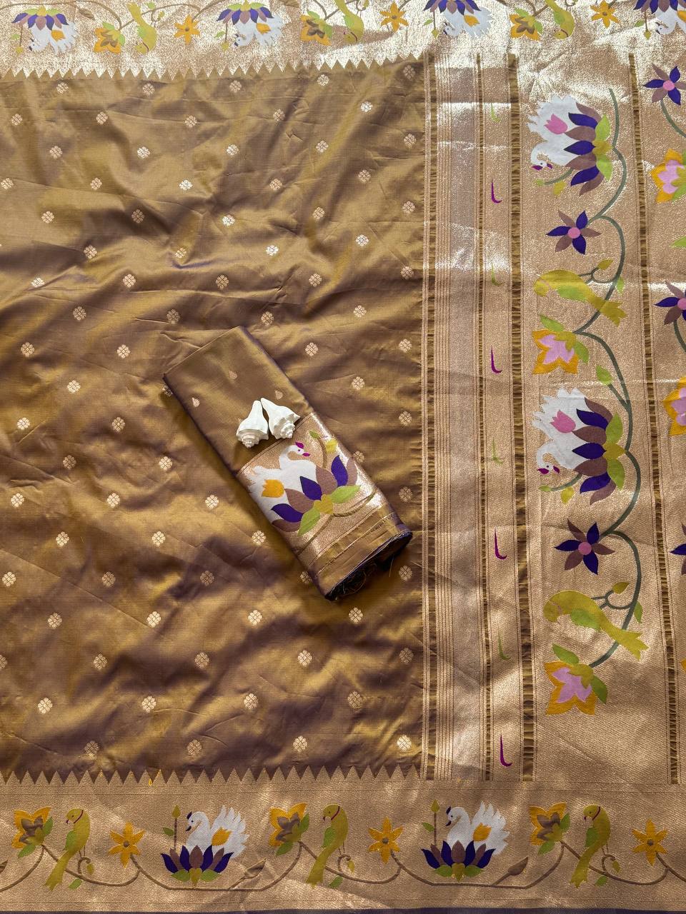 Antique Gold Premium Luxury Silk Saree with Multicolour Floral Zari Border & Classic Gold Butti