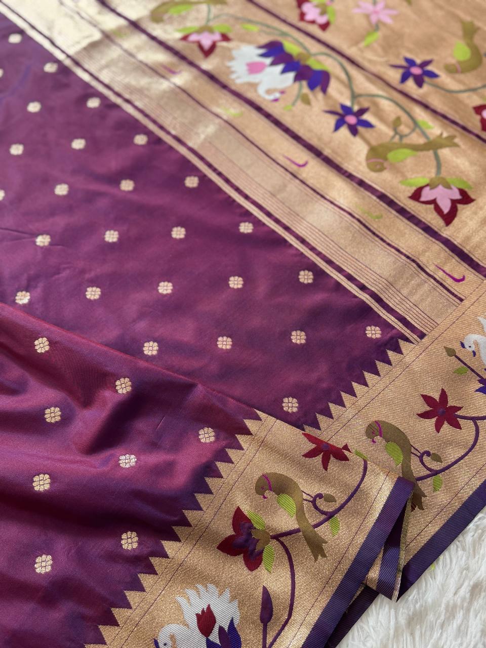 Royal Plum Purple Premium Luxury Silk Saree with Multicolour Floral Meenakari Border & Gold Zari Butti