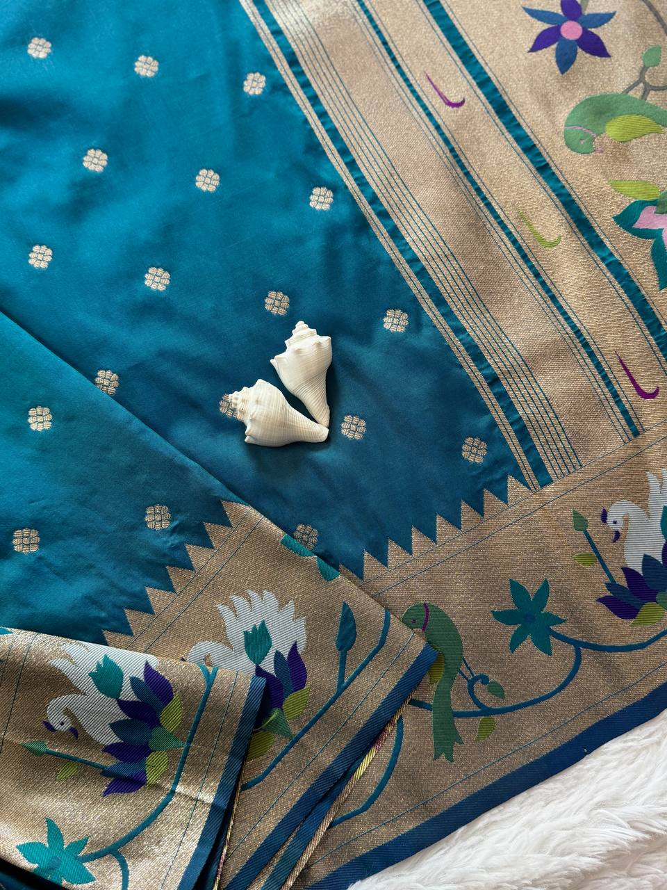 Royal Teal Blue Premium Luxury Silk Saree with Multicolour Meenakari Floral Border & Gold Zari Butti