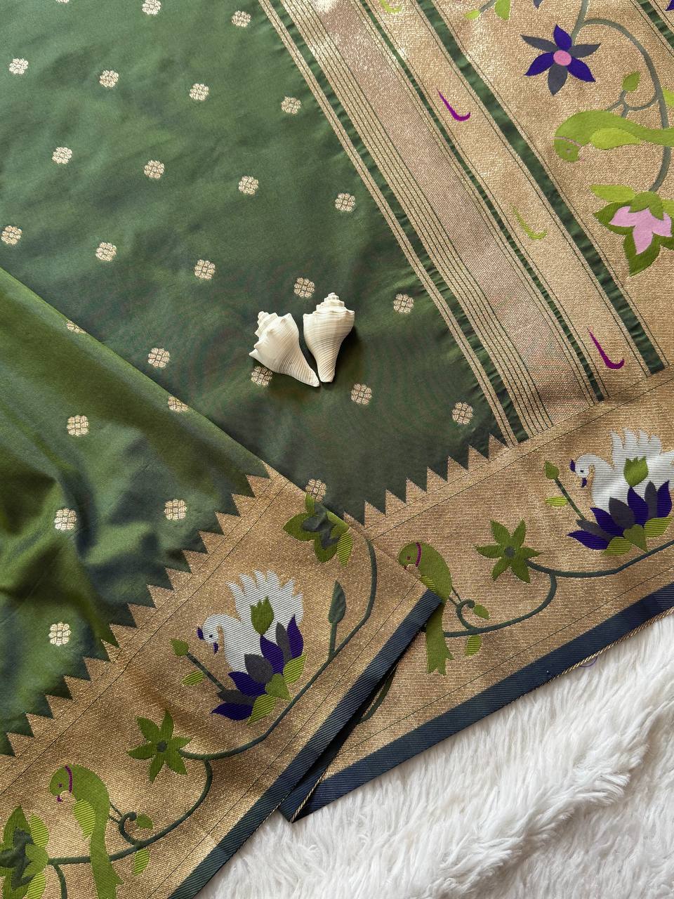 Regal Forest Green Premium Luxury Silk Saree with Multicolour Meenakari Floral Border & Gold Zari Butti