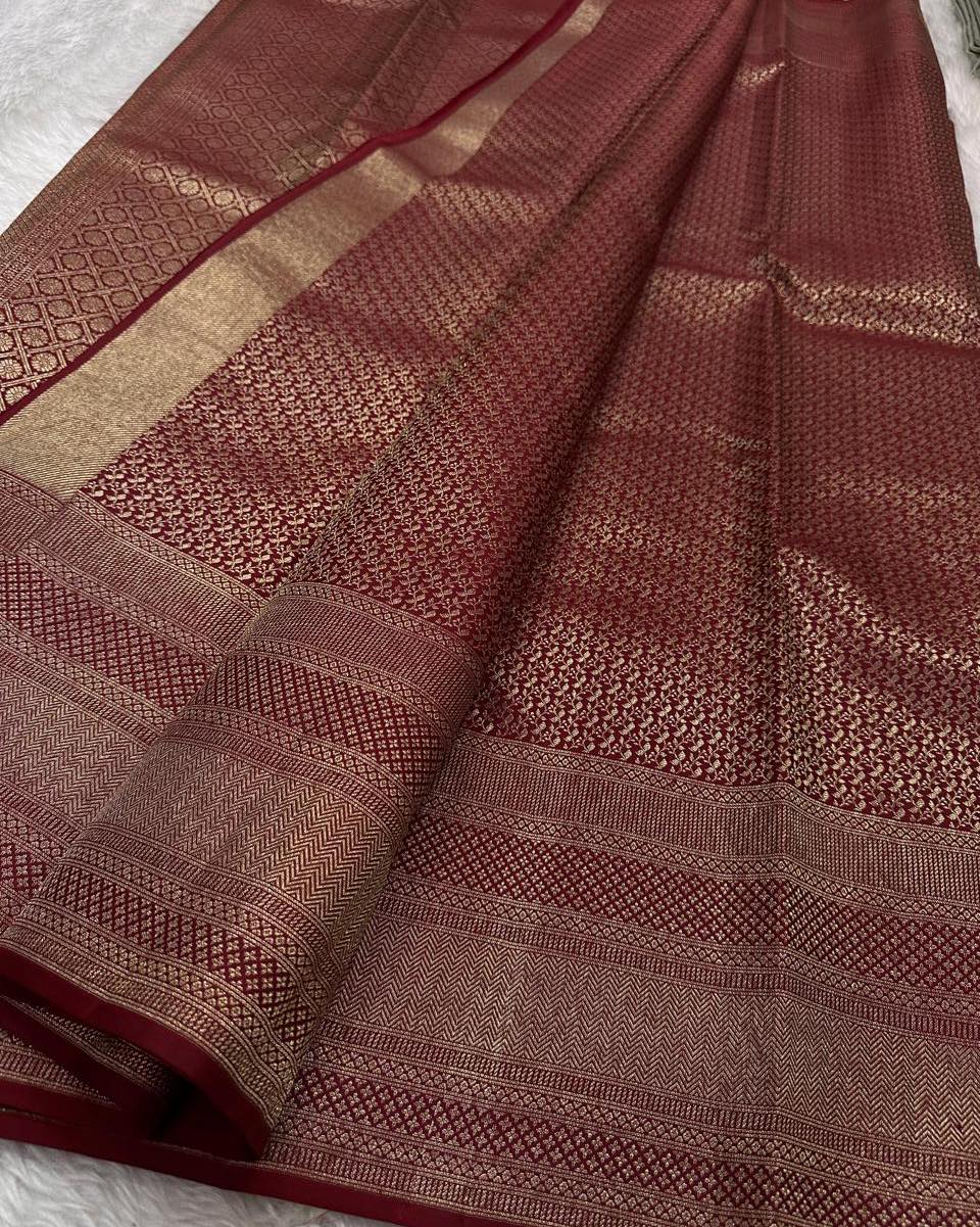 Royal Maroon Banarasi Silk Saree with Rich Gold Zari Geometric Border | Elegant Wedding & Festive Wear