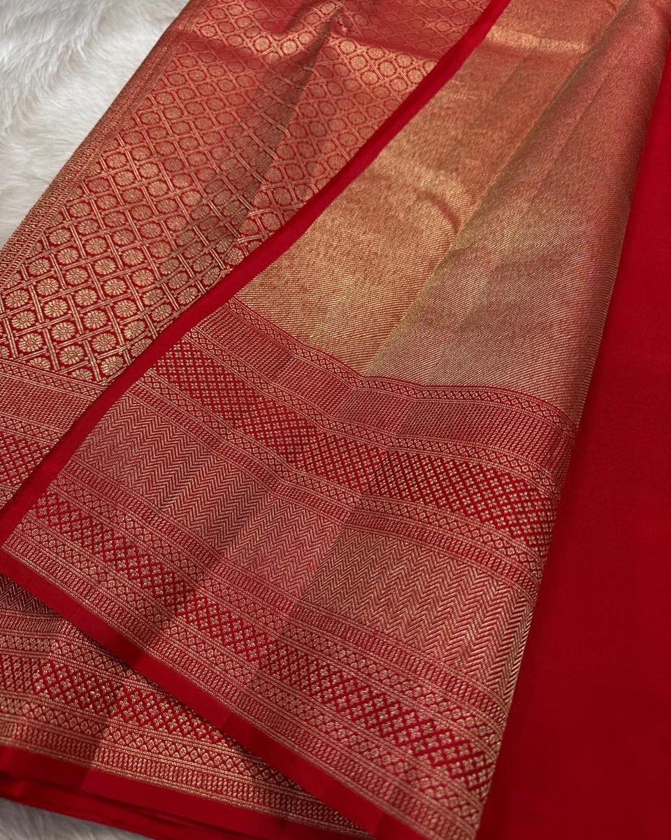 Royal Red Banarasi Silk Saree with All-Over Micro Zari Weaving & Rich Geometric Border | Premium Wedding & Festive Wear