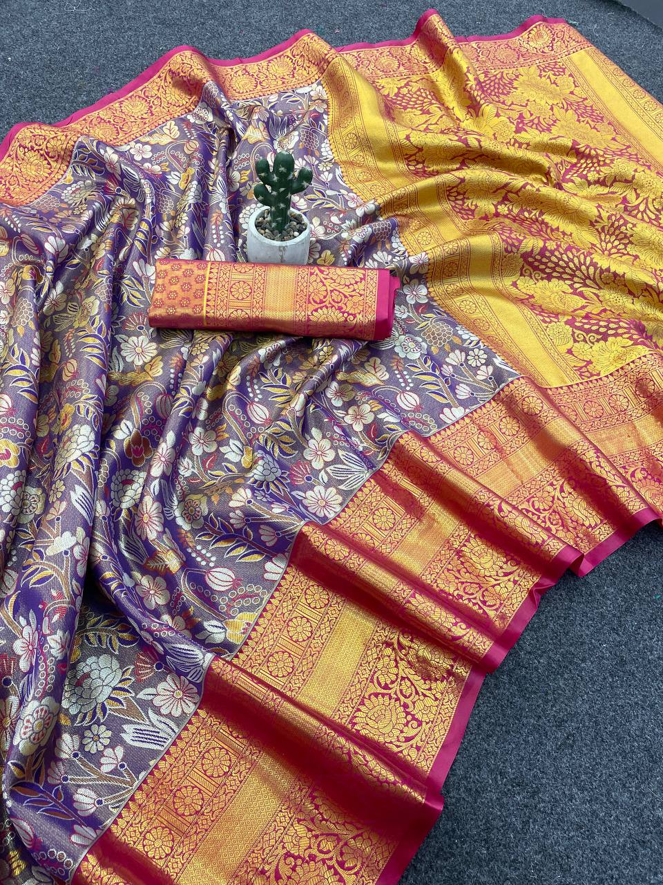 Royal Purple & Pink Banarasi Style Silk Saree with Rich Golden Zari Floral Weaving | Premium Wedding & Festive Wear