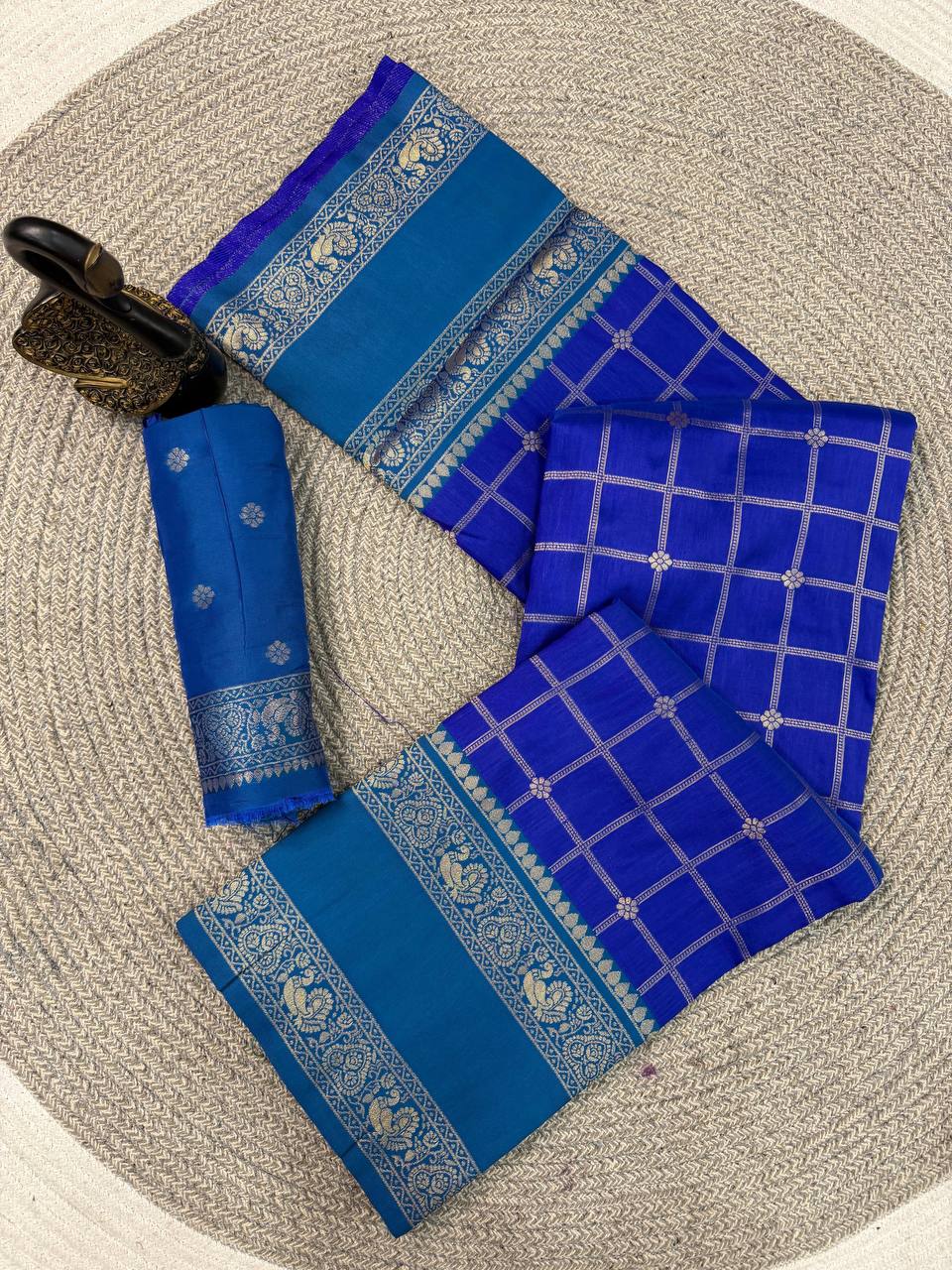 Royal Blue Checked Banarasi Style Silk Saree with Teal Border & Rich Golden Zari Pallu | Premium Festive Wear