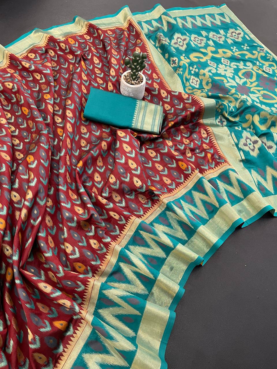 Classic Maroon Ikkat Style Silk Saree with Teal Contrast Border & Traditional Designer Pallu | Premium Festive Wear