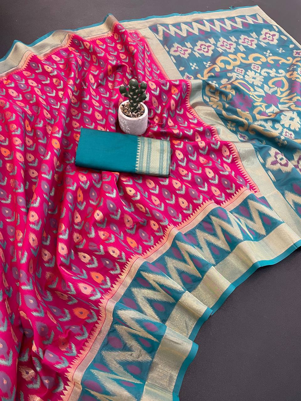 Vibrant Rani Pink Ikkat Style Silk Saree with Teal Contrast Border & Traditional Designer Pallu | Premium Festive Wear