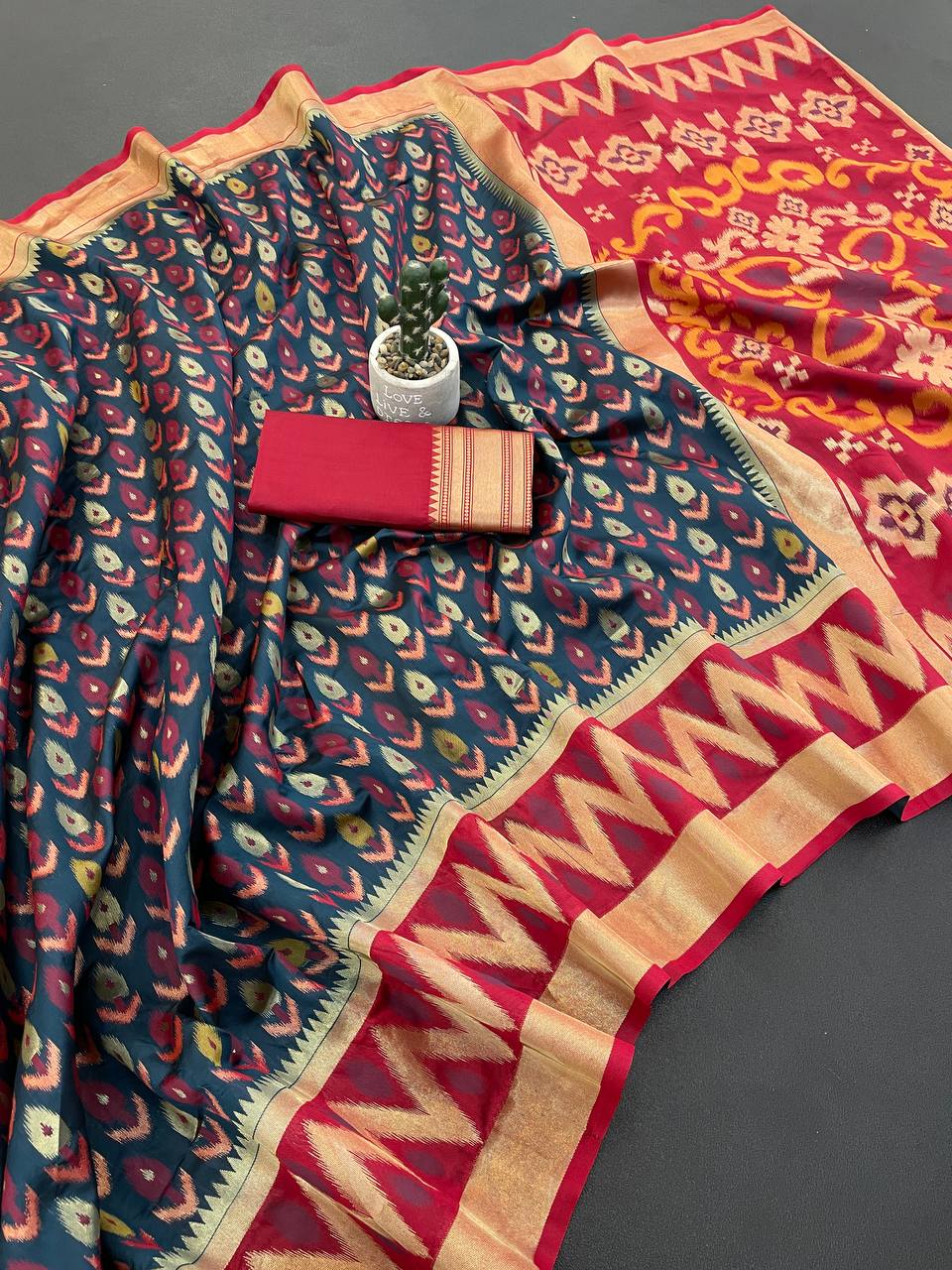 Elegant Navy Blue Ikkat Style Silk Saree with Red Contrast Border & Traditional Designer Pallu | Premium Festive Wear