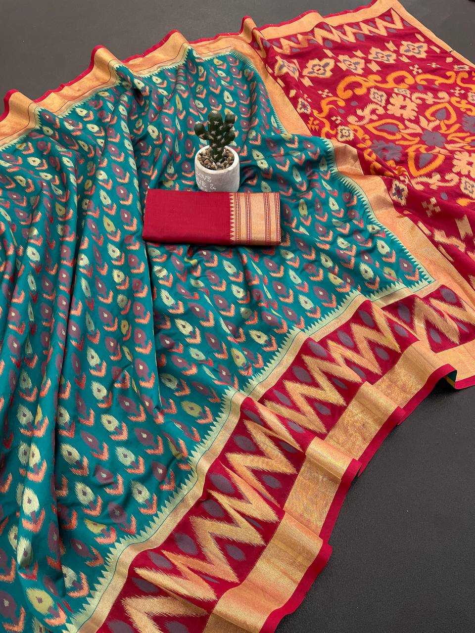 Premium Peacock Green Ikkat Style Silk Saree with Red Contrast Border & Traditional Designer Pallu | Luxury Festive Wear