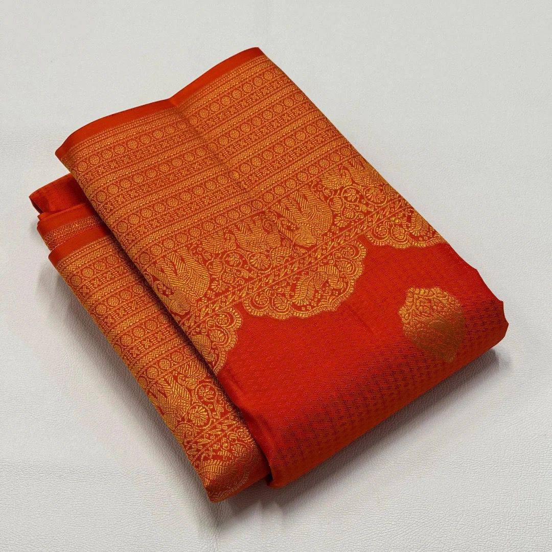 Royal Orange Banarasi Silk Saree with Rich Golden Zari Border & Traditional Designer Pallu | Premium Wedding Wear