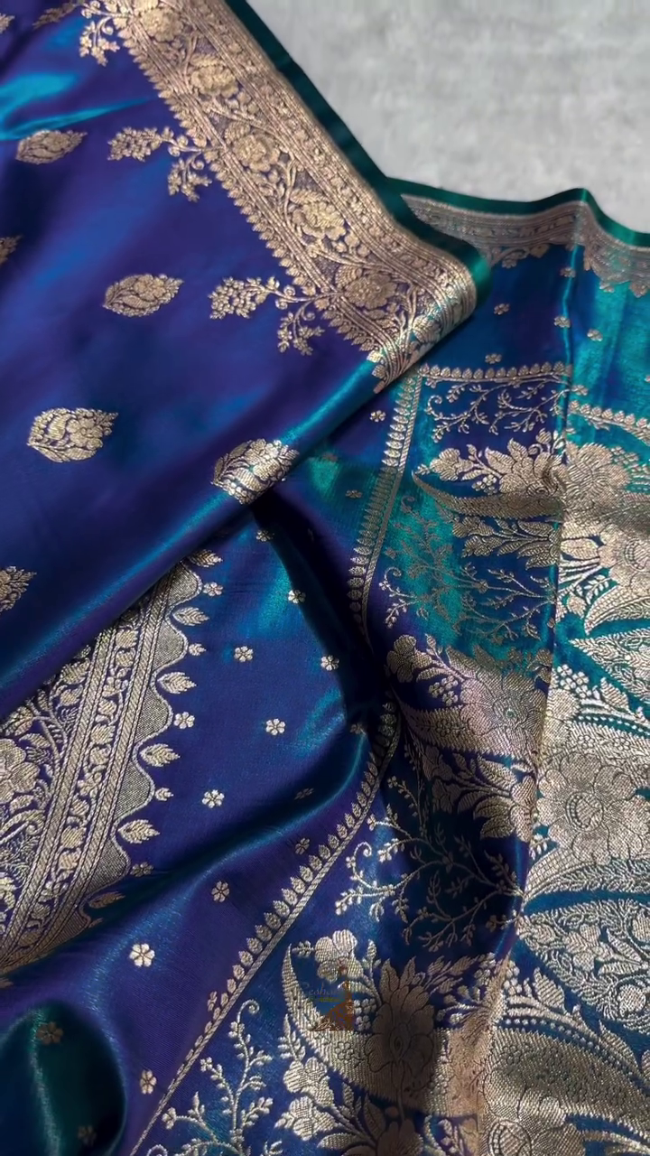 Blue Satin Silk Saree with Rich Golden Zari Border and Floral Motifs