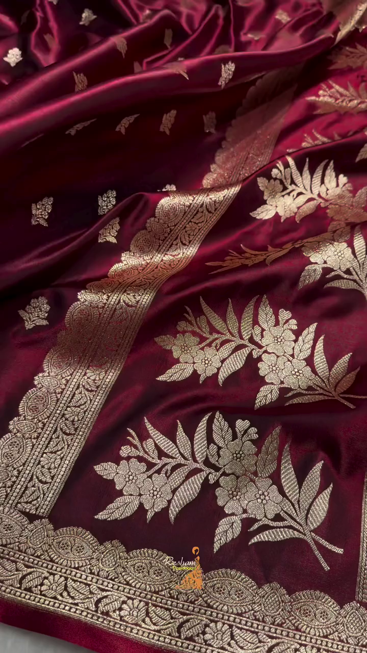 Wine Maroon Banarasi Silk Saree with Gold Zari Buti Motifs & Classic Woven Border