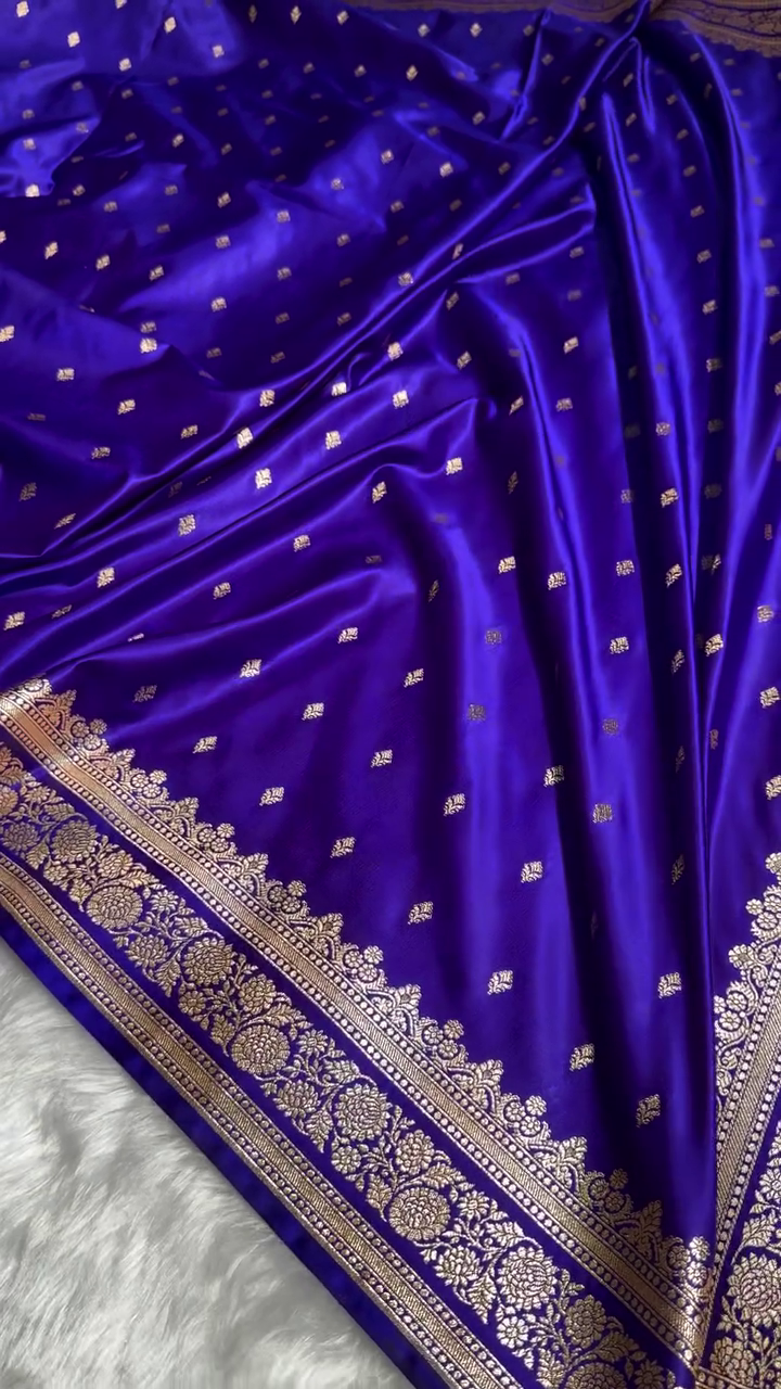 Royal Blue Satin Silk Saree with Intricate Golden Zari Border and Butta Design