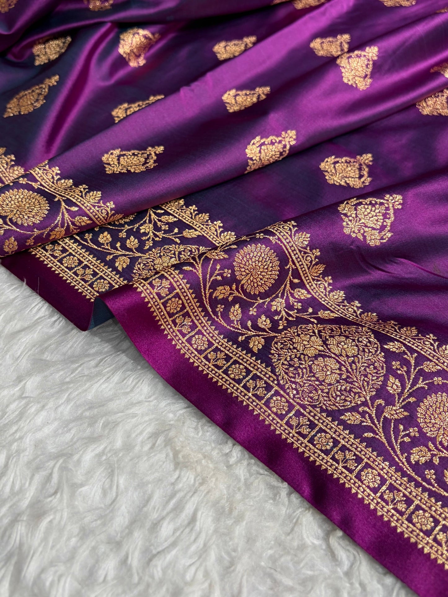 Royal Violet Banarasi Silk Saree with Grand Gold Zari Border & Paisley Buttas