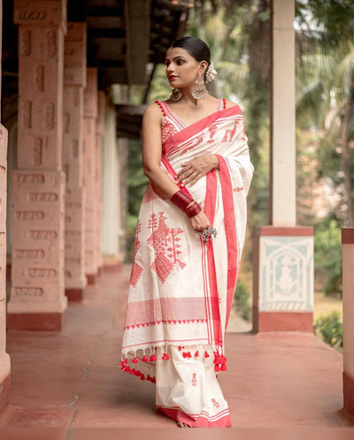 Classic Off-White & Red Handloom Cotton Saree
