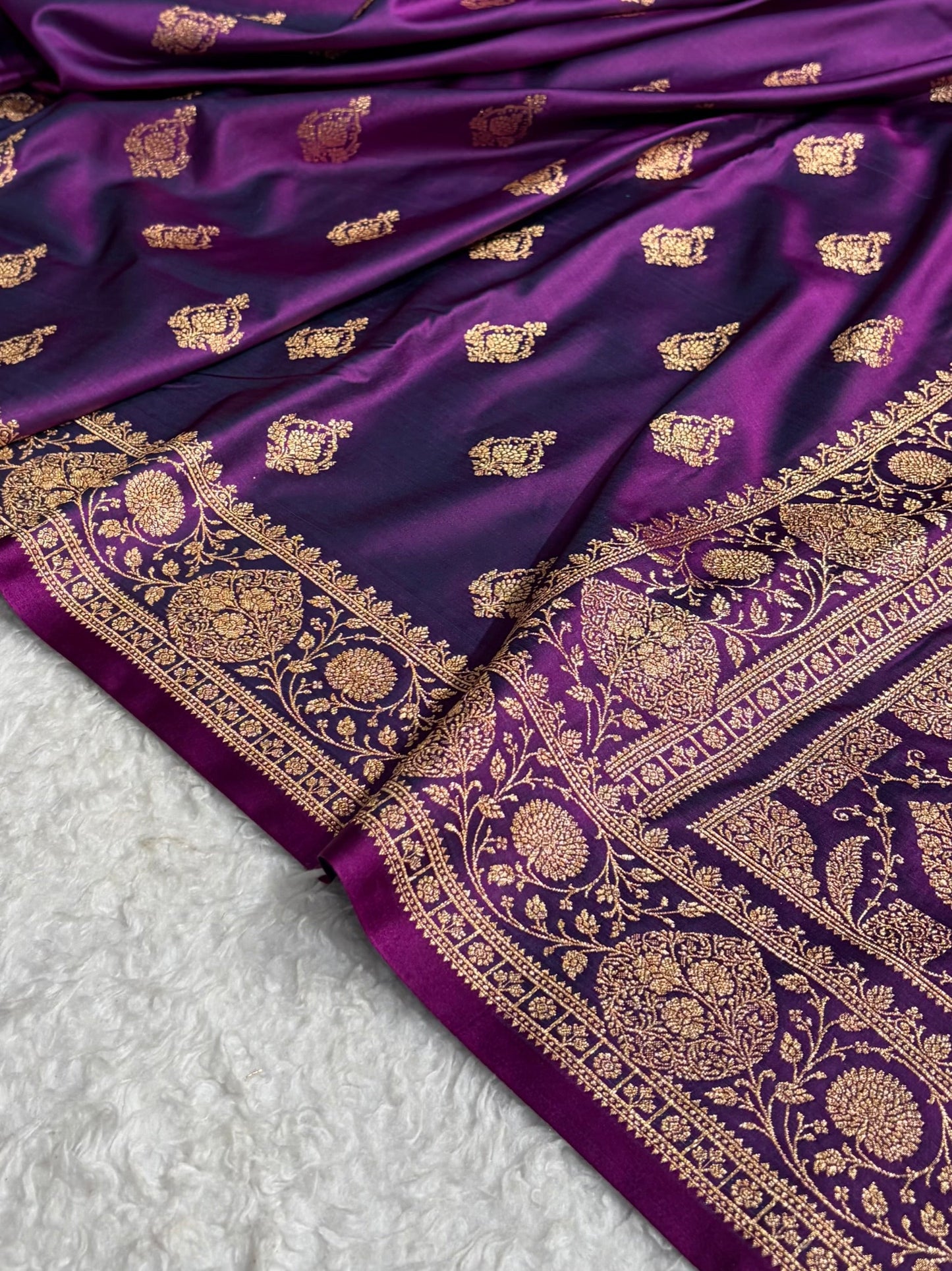 Royal Violet Banarasi Silk Saree with Grand Gold Zari Border & Paisley Buttas