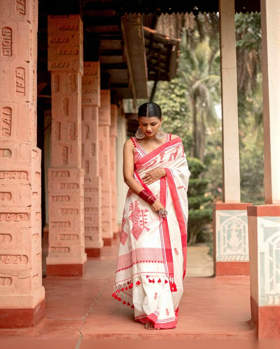 Classic Off-White & Red Handloom Cotton Saree