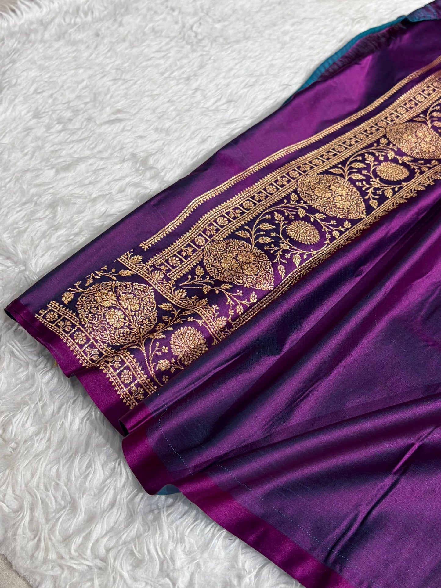 Royal Violet Banarasi Silk Saree with Grand Gold Zari Border & Paisley Buttas