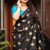 Elaborate Black and Firozi Soft Silk Saree With Piquant Blouse Piece