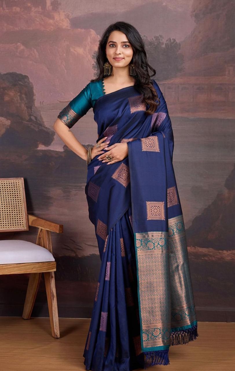 Precious Navy Blue Soft Silk Saree With Innovative Blouse Piece