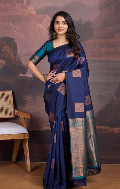 Precious Navy Blue Soft Silk Saree With Innovative Blouse Piece