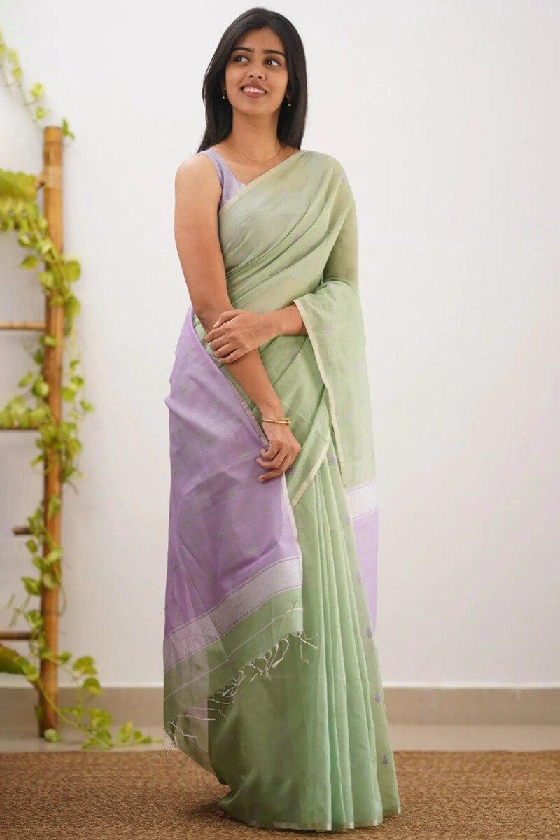 Magnetic Pista Cotton Silk Saree With Beleaguer Blouse Piece