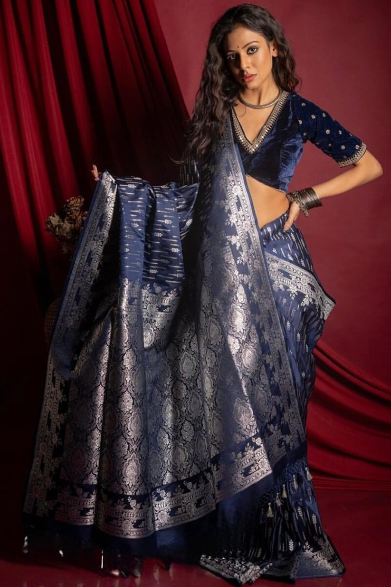 Preferable Navy Blue Soft Silk Saree With Beleaguer Blouse Piece