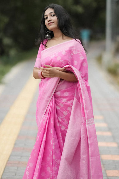 Luxuriant Pink Cotton Silk Saree With Evocative Blouse Piece