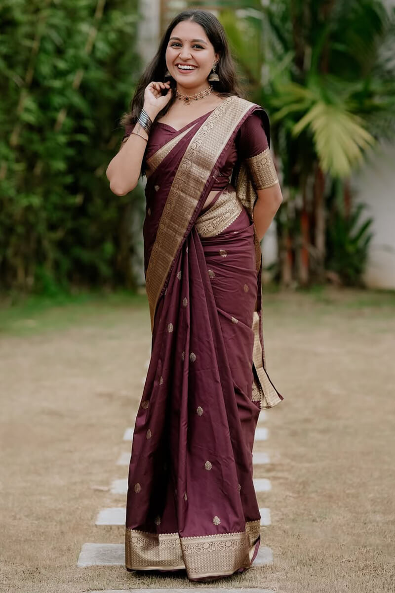 Glorious Wine Soft Silk Saree With Desirable Blouse Piece