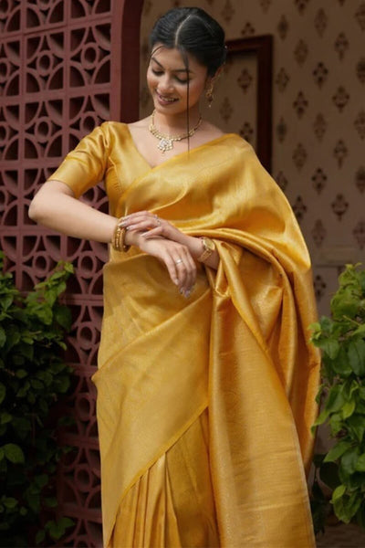 Embrocation Yellow Soft Silk Saree With Aplomb Blouse Piece