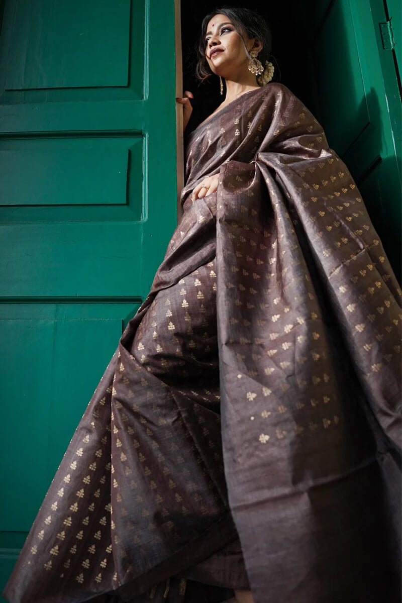 Groovy Brown Soft Silk Saree With Artistic Blouse Piece