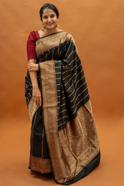 Traditional Black Soft Silk Saree With Petrichor Blouse Piece