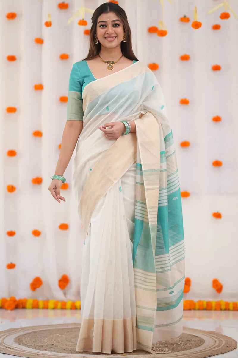 Embellished Beige Cotton Silk Saree With Ravishing Blouse Piece
