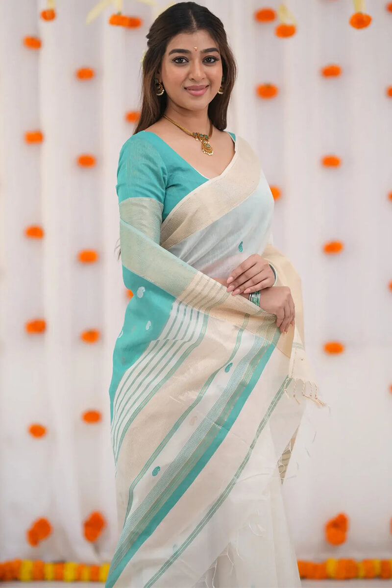 Embellished Beige Cotton Silk Saree With Ravishing Blouse Piece