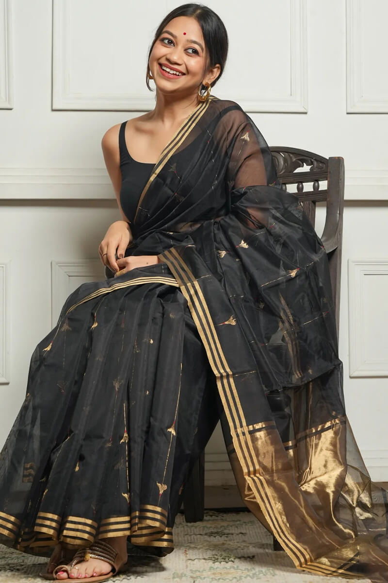 Imaginative Black Cotton Silk Saree With Desirable Blouse Piece