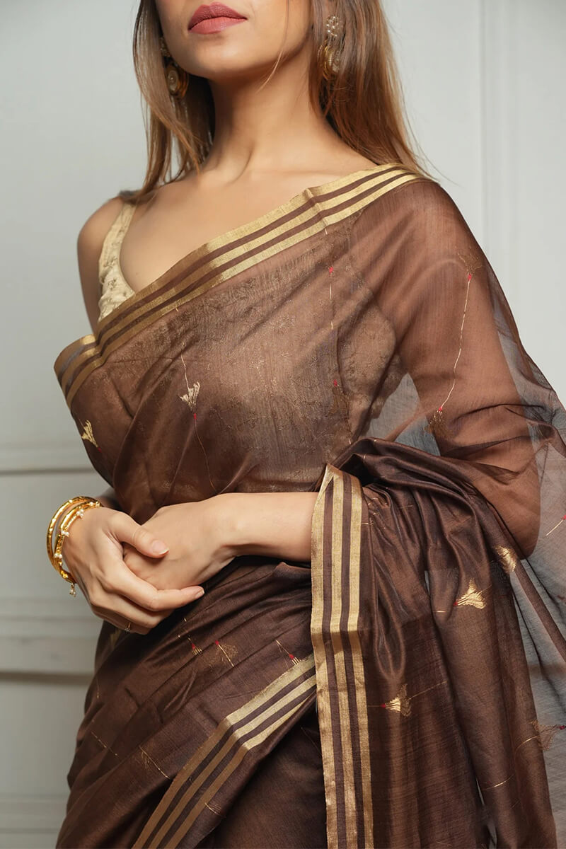 Embellished Brown Cotton Silk Saree With Felicitous Blouse Piece