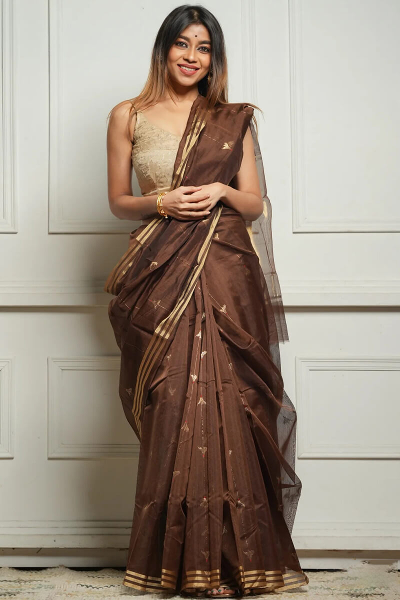 Embellished Brown Cotton Silk Saree With Felicitous Blouse Piece
