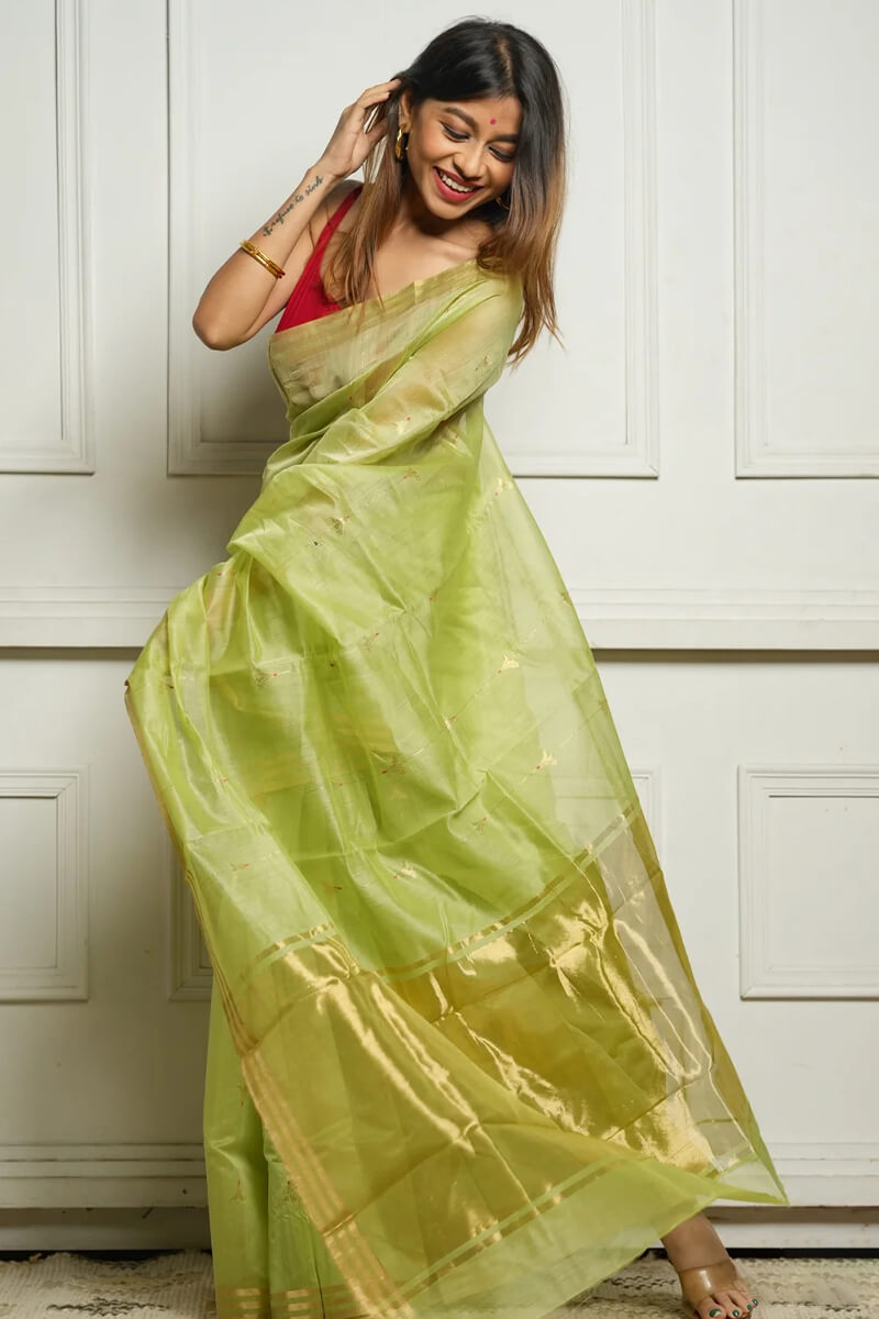 Deserving Pista Cotton Silk Saree With Demesne Blouse Piece