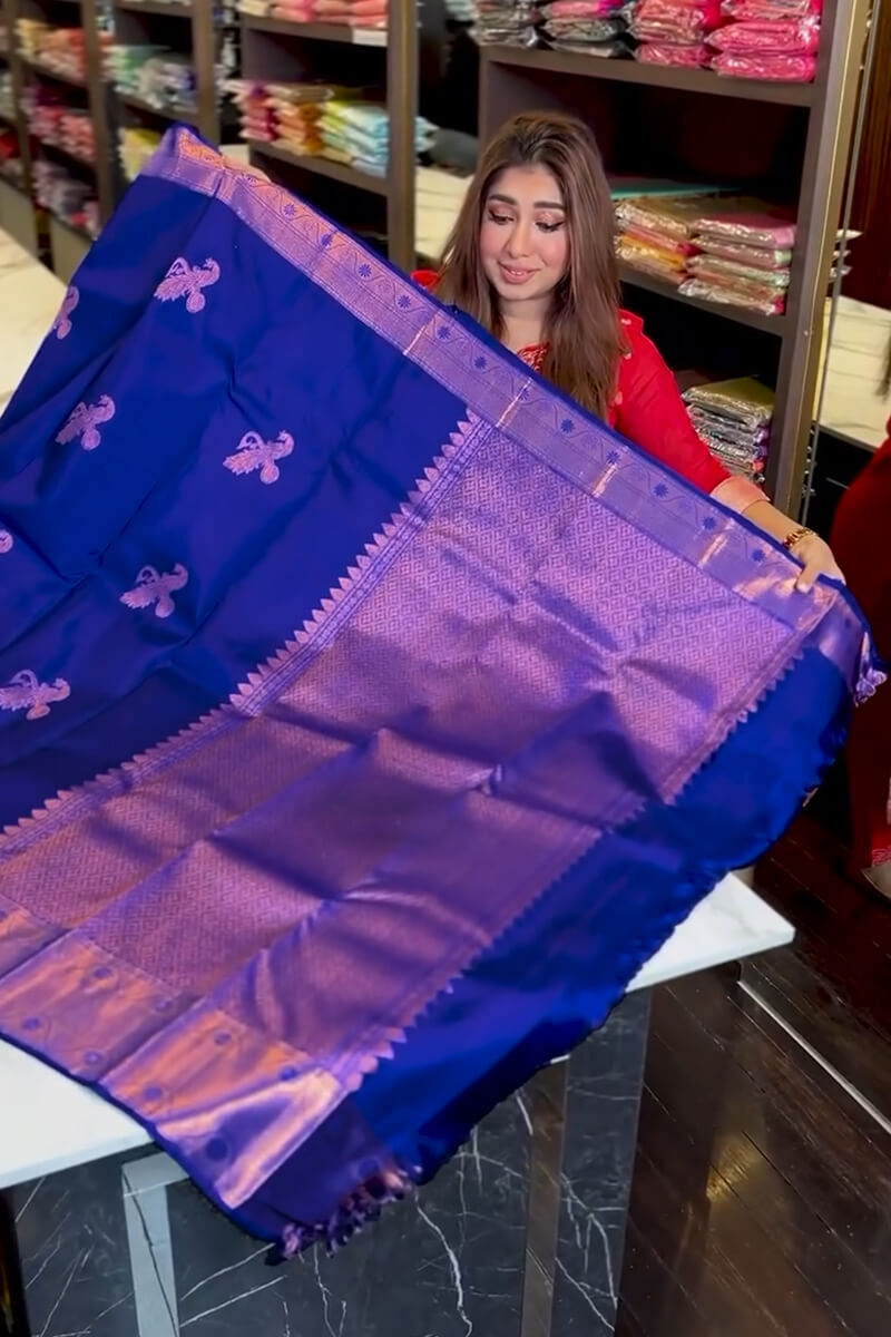 Fantabulous Royal Blue Soft Banarasi Silk Saree With Inimitable Blouse Piece