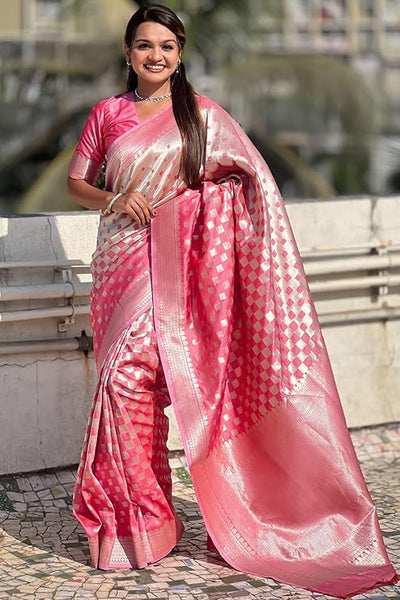 Charming Pink Soft Silk Saree With Blooming Blouse Piece