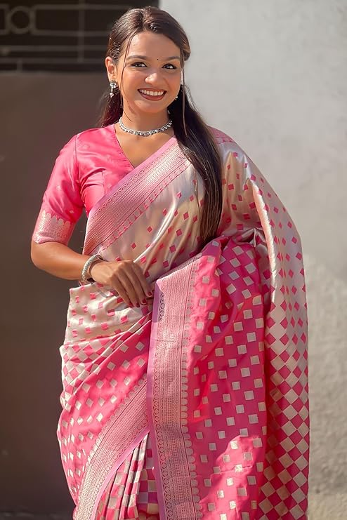 Charming Pink Soft Silk Saree With Blooming Blouse Piece